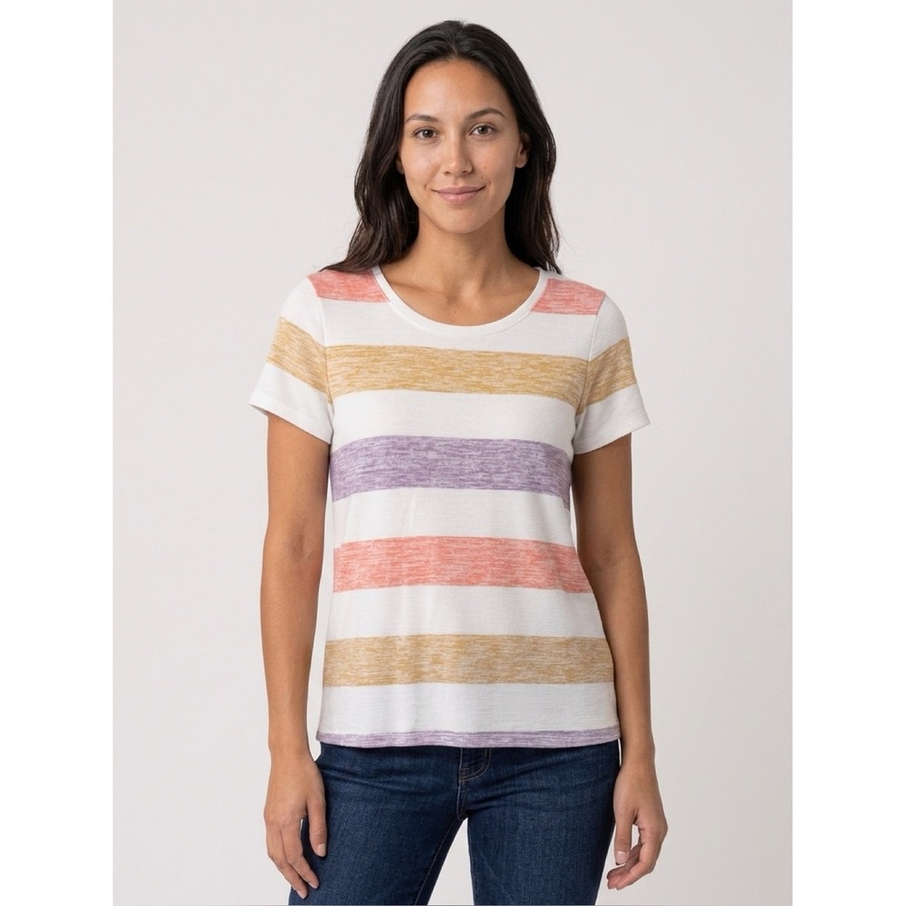 Market & Spruce Women's Striped Tee M Coral Tan Lavender Short Sleeve Knit Top